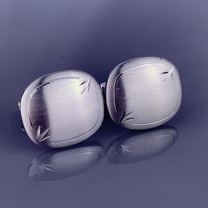 Simple Square Silver Tone Cufflinks Brushed Face Etched Border Foster Vintage